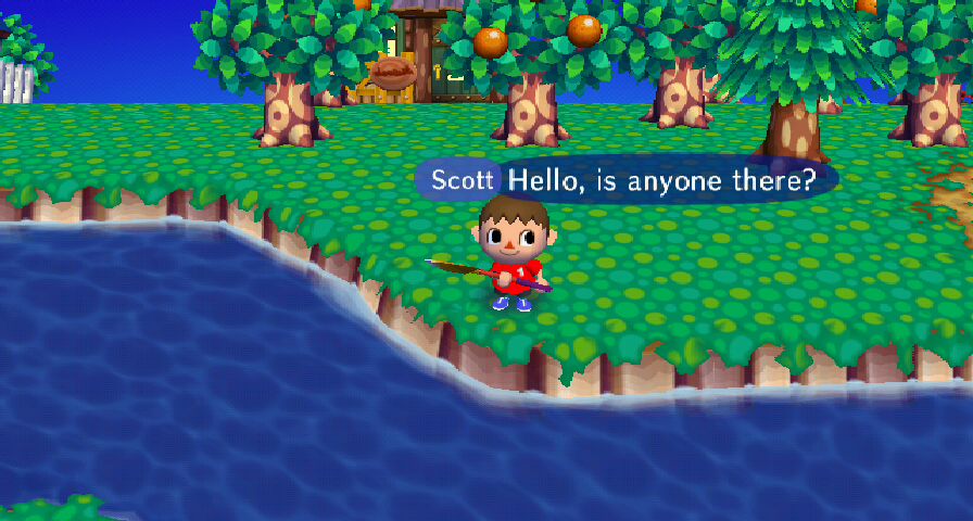 actual screenshot from 2009 i found on an old SD card from animal crossing where i sadly call out 'is anyone there'?, typed with a USB keyboard to no one as i had no friends who played animal crossing on the wii